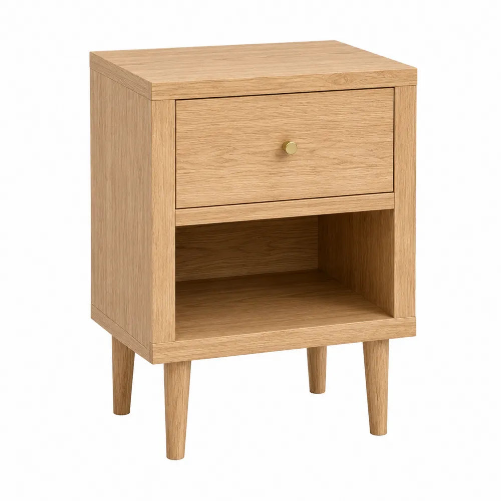 Oak Wood Nightstand with Drawer and Shelf 60cm