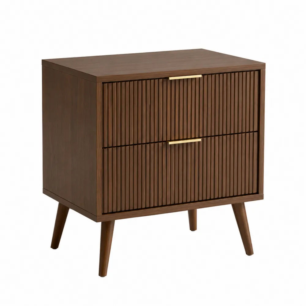 Wood Nightstand with Ribbed Drawers and Gold Handles Brown 50cm x 40cm x 60cm