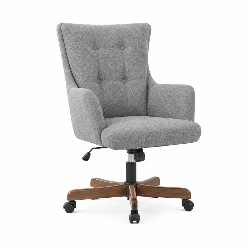 Swivel Office Chair Gray Fabric Walnut Wood Base Adjustable Height