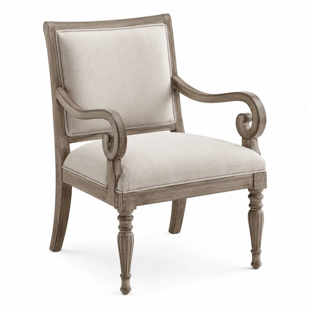 Wood Armchair with Beige Polyester Upholstery and Scroll Arms