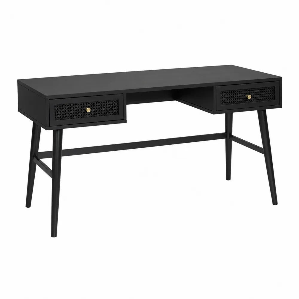 Wood Desk with Rattan Drawer Panels and Metal Legs Black 120cm x 60cm x 75cm