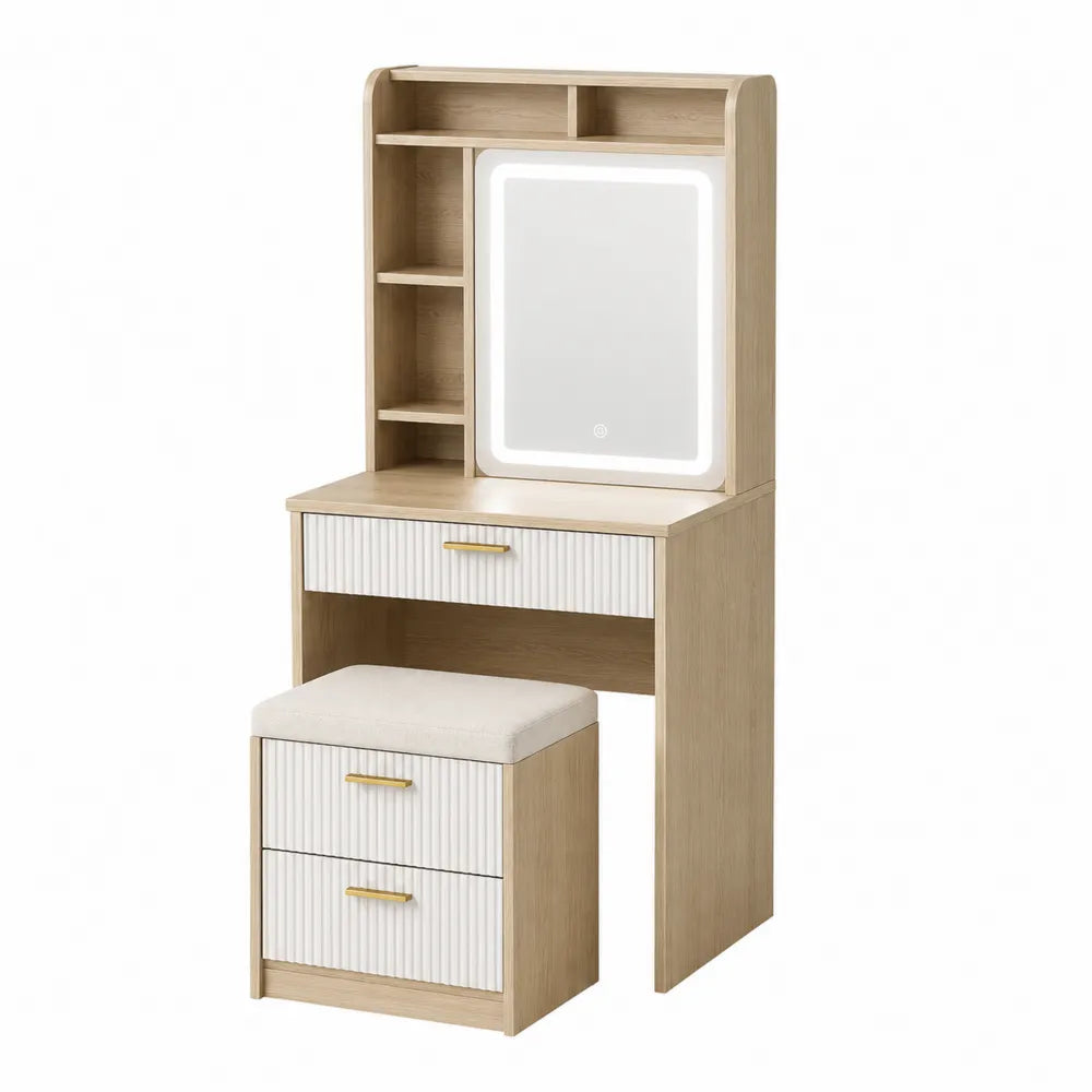 Oak and White Vanity Set with Mirror and Stool