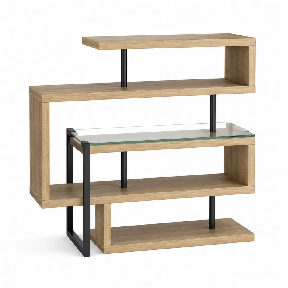 Oak and Tempered Glass Bookcase with Steel Frame