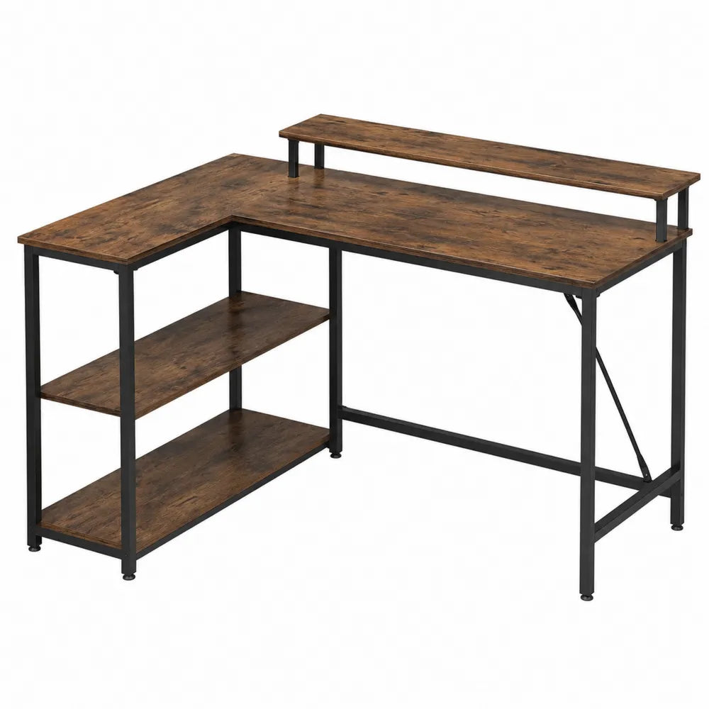 L-Shaped Wood and Metal Desk with Shelves and Monitor Stand