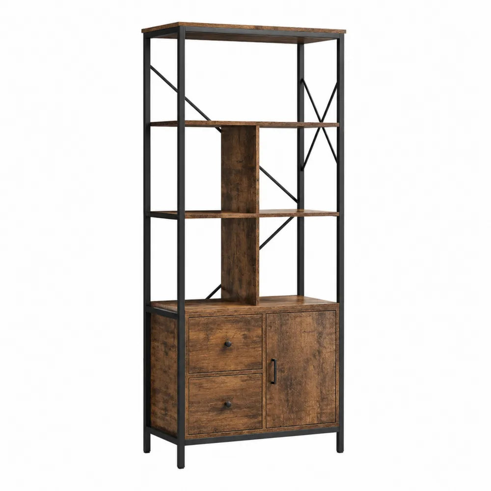 Industrial Bookcase with Wood Shelves and Metal Frame 180cm Height 80cm Width 35cm Depth