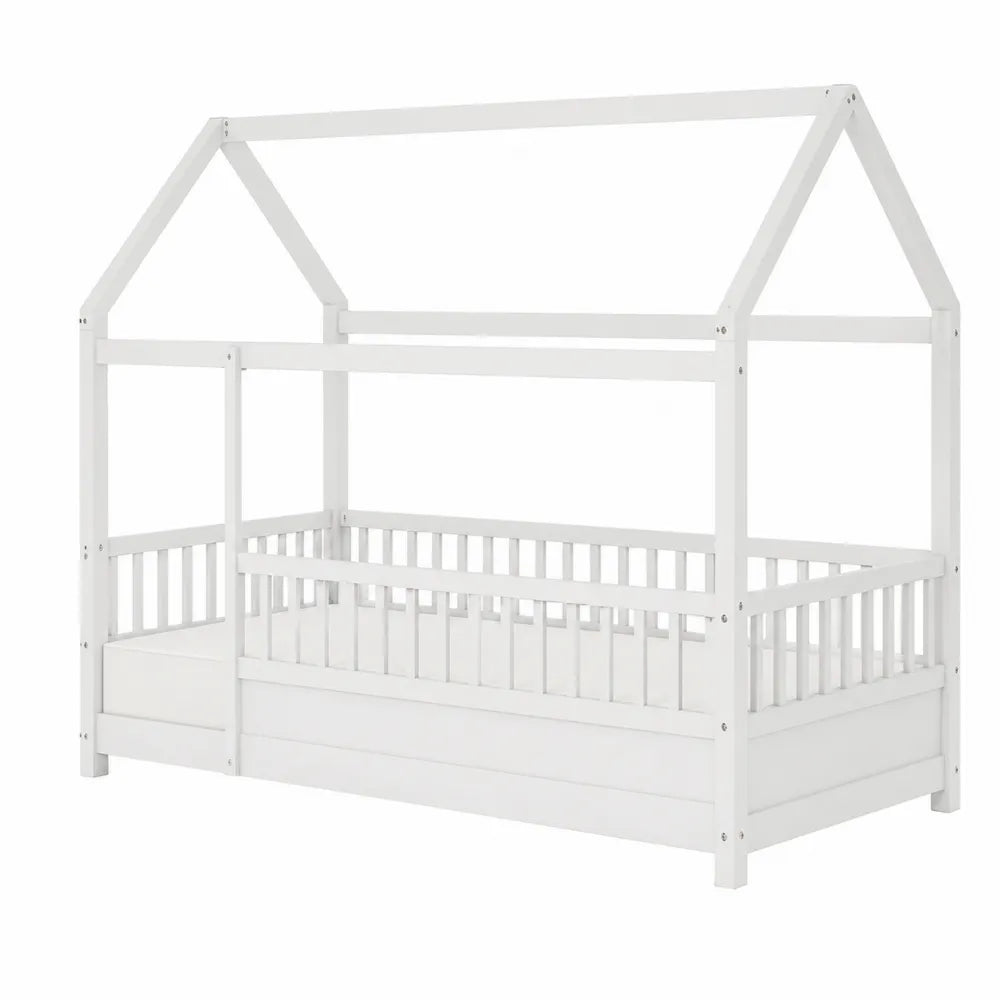 Wood House Frame Twin Bed White 206x98x172 cm