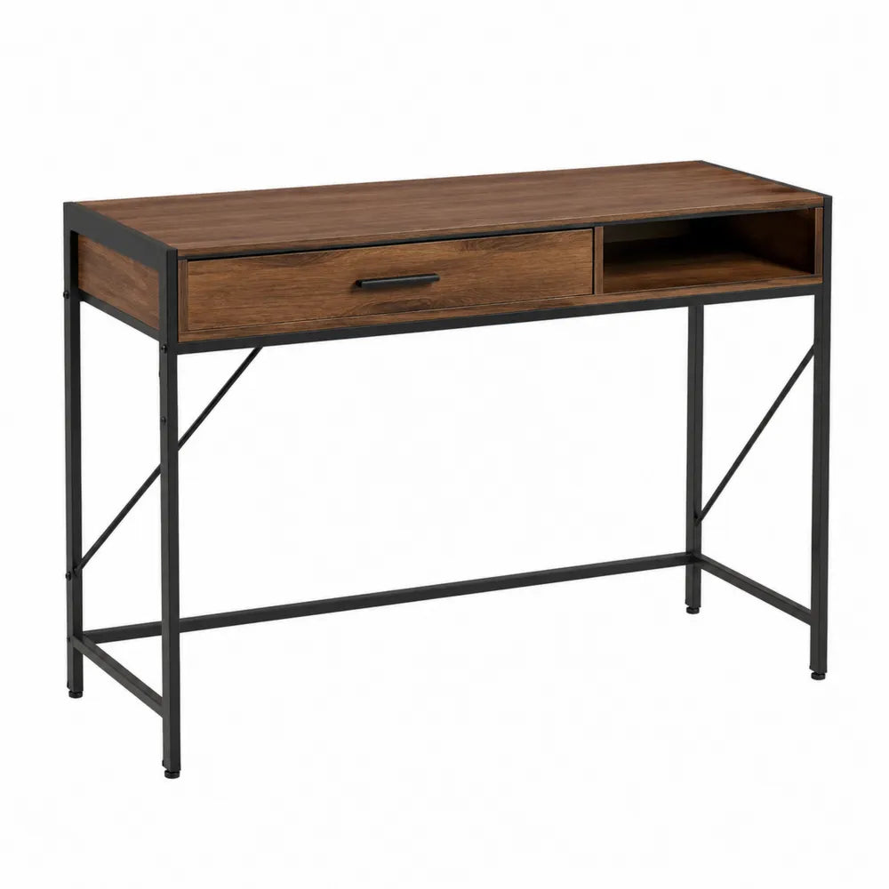 Wood and Metal Desk with Drawer Brown 120cm