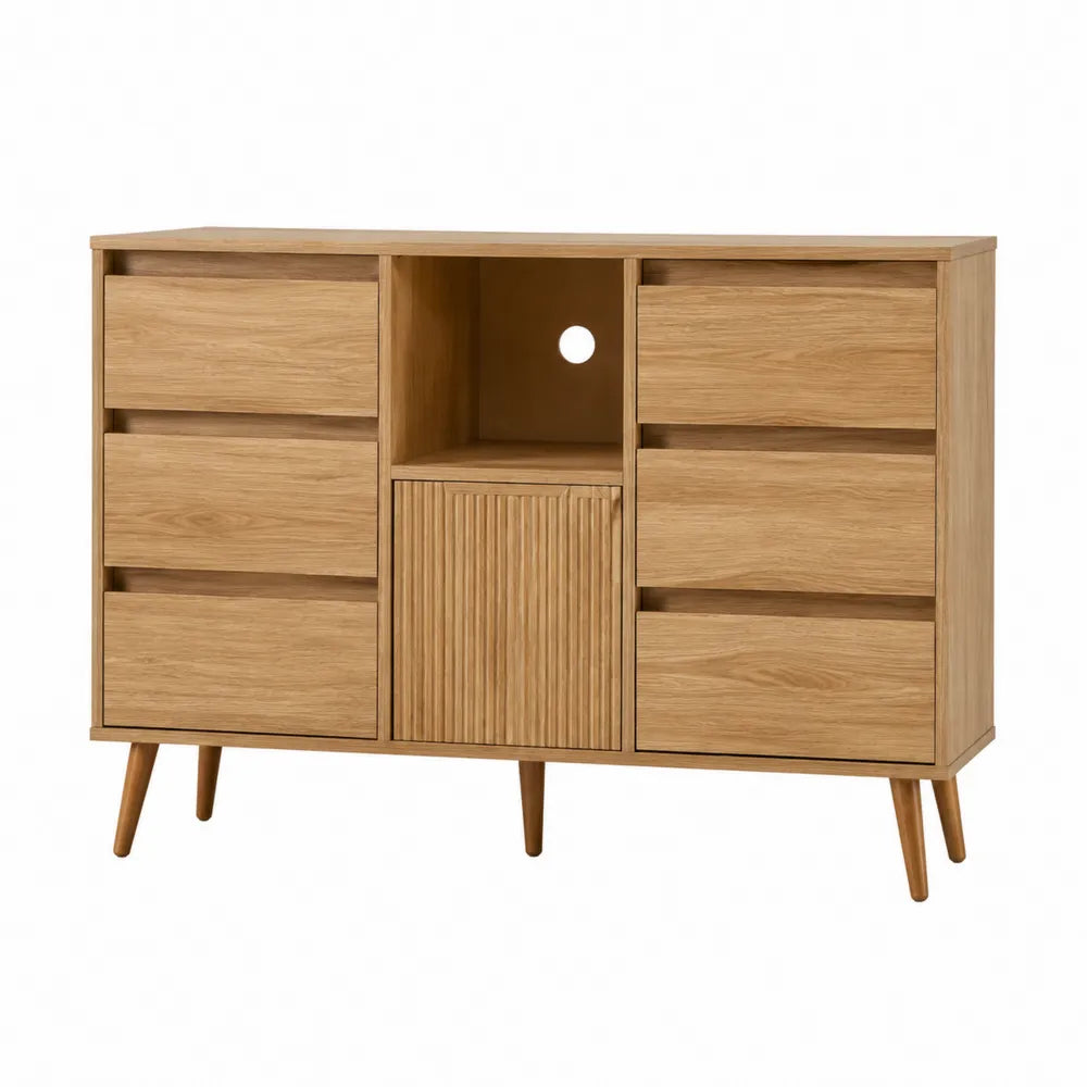 Oak Veneer Sideboard with Six Drawers and One Door