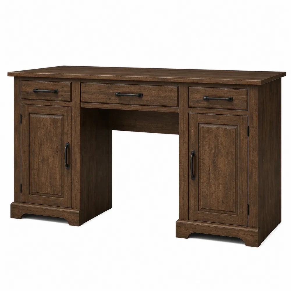Wood Desk with Drawers and Cabinets in Walnut Brown