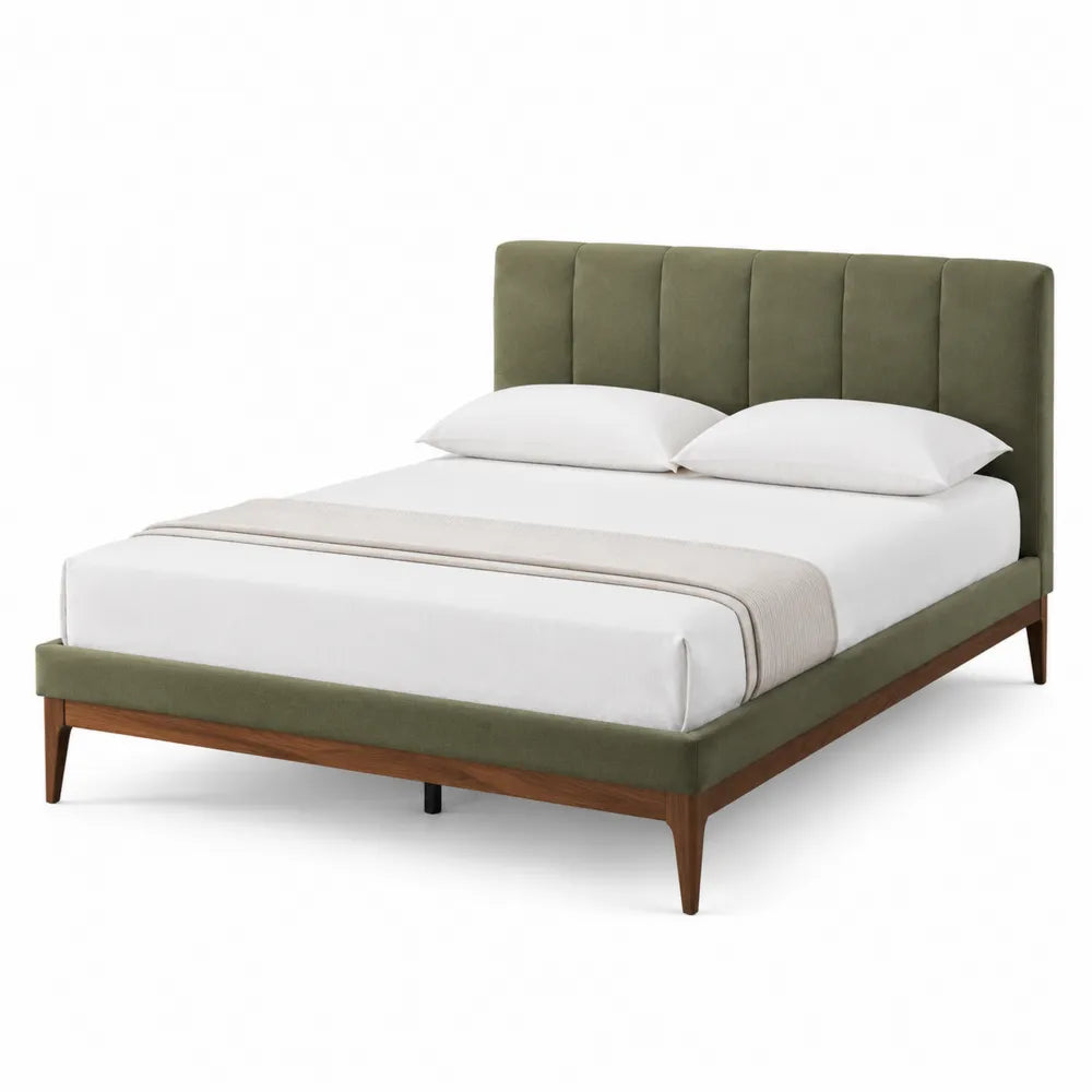 Green Upholstered Platform Bed with Headboard Fabric and Wood, Full Size