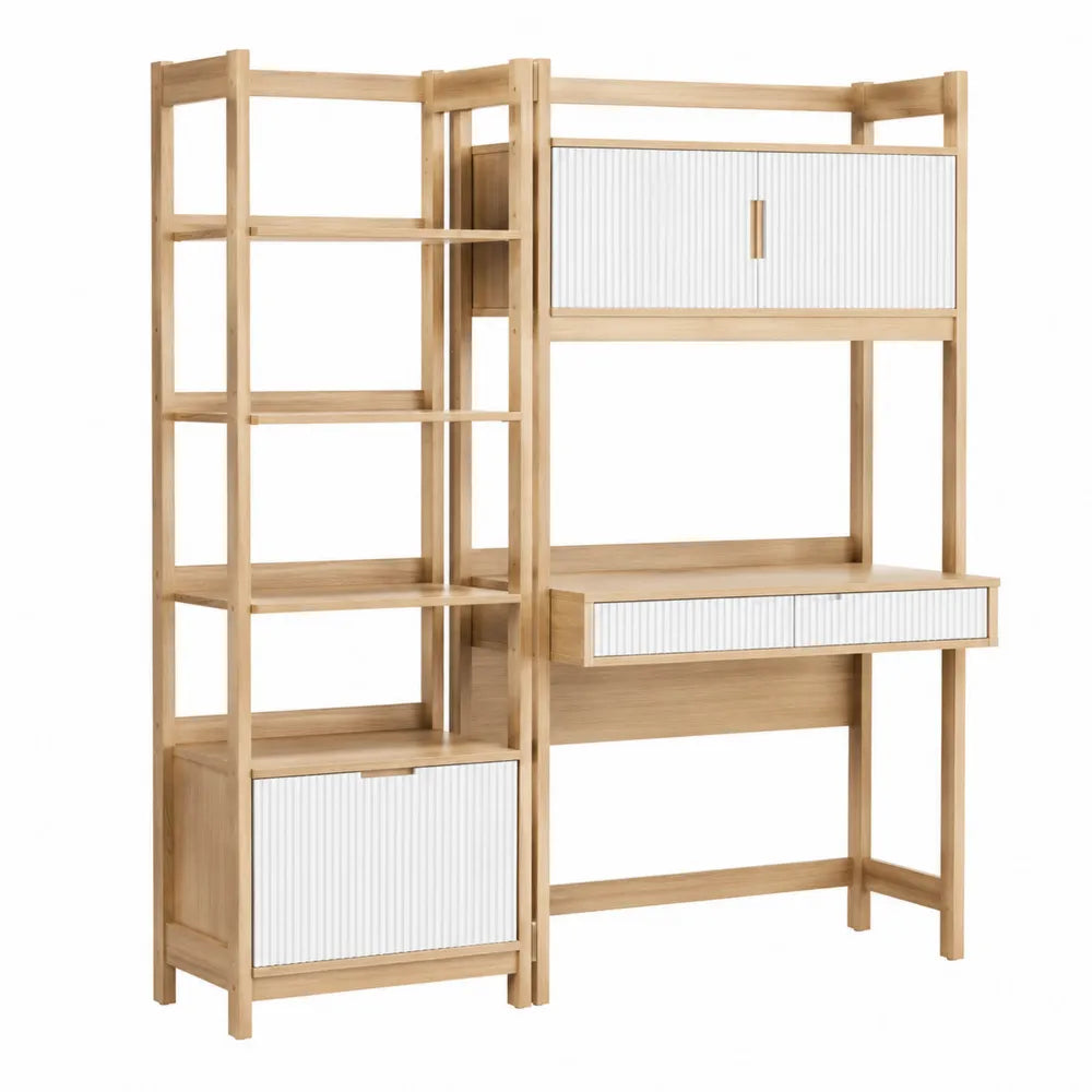Wood Storage Desk Shelving Unit Natural Wood/White 180cm