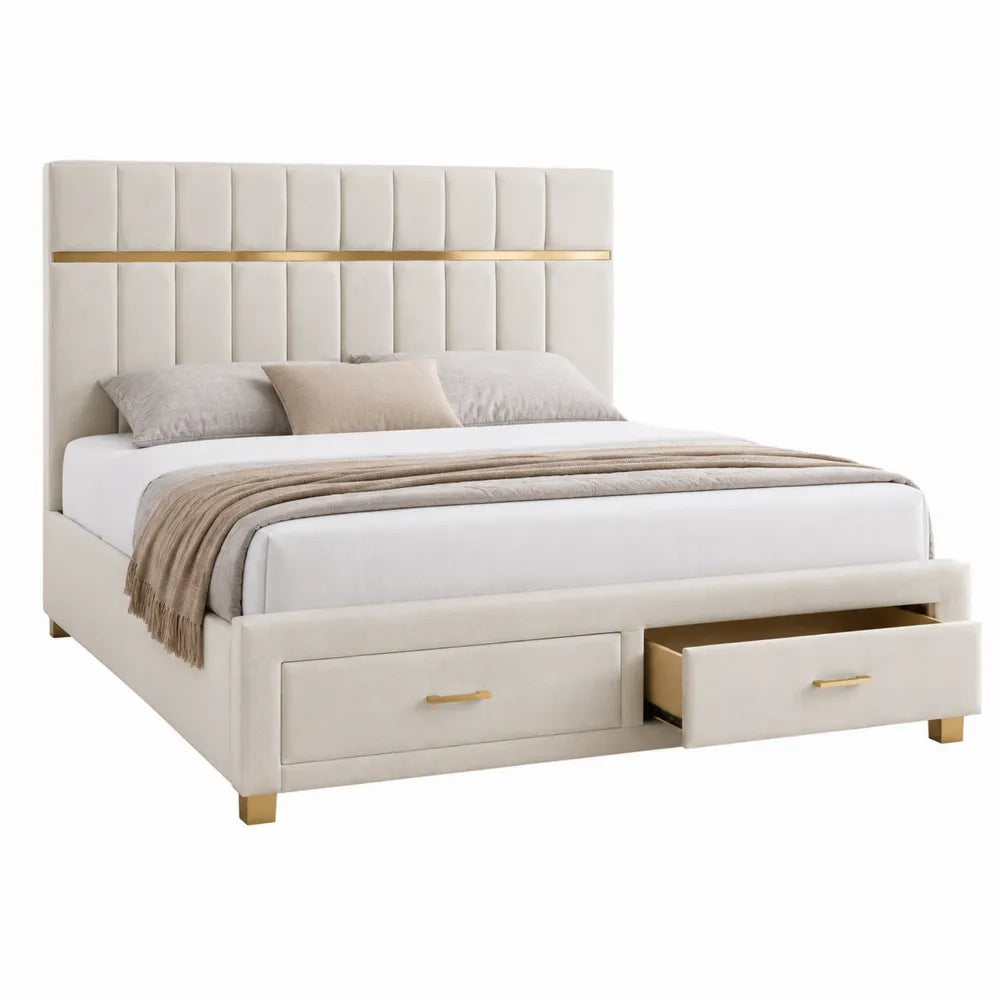 Velvet Upholstered Platform Bed with Storage Drawers Beige 200cm x 160cm