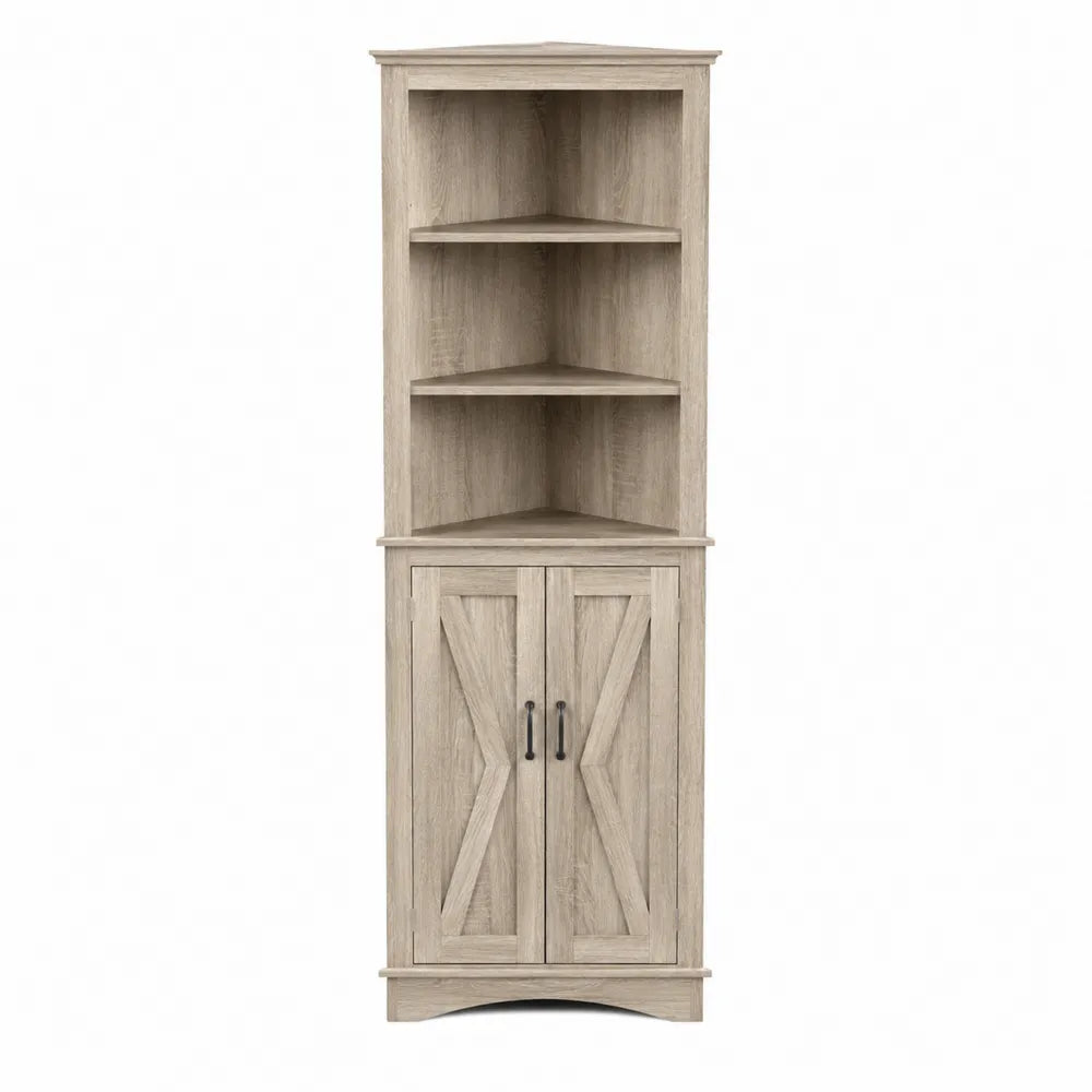Wooden Corner Bookcase with Shelves and Cabinet