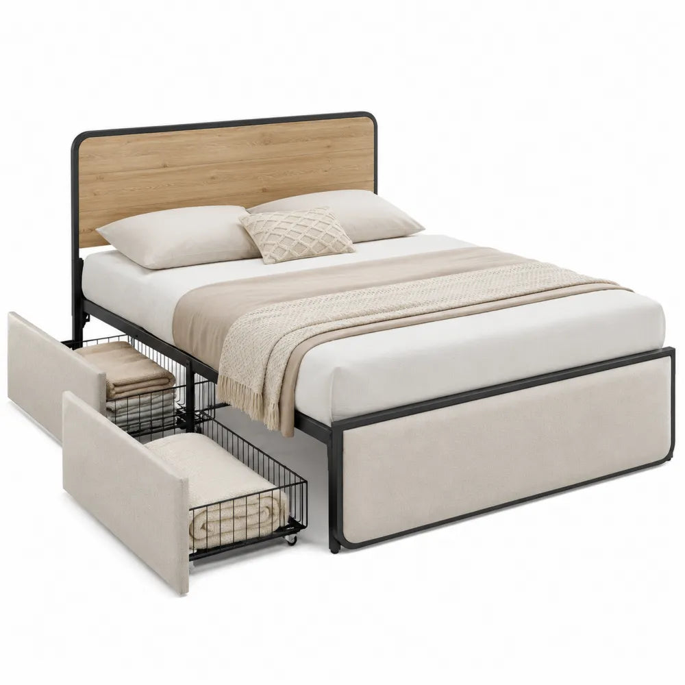 Queen Metal Frame Platform Bed with MDF Wood Headboard and Storage Drawers Beige