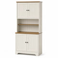 White and Oak Engineered Wood Storage Cabinet with Doors and Shelves