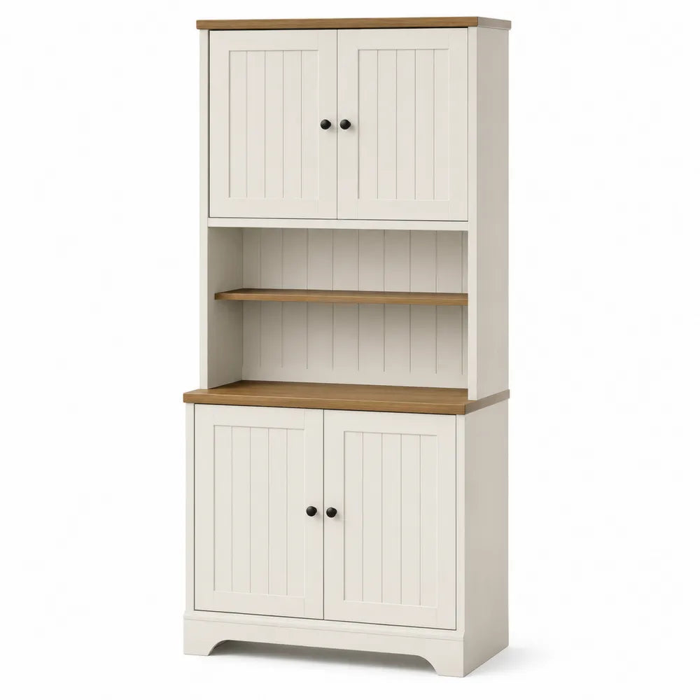 White and Oak Engineered Wood Storage Cabinet with Doors and Shelves