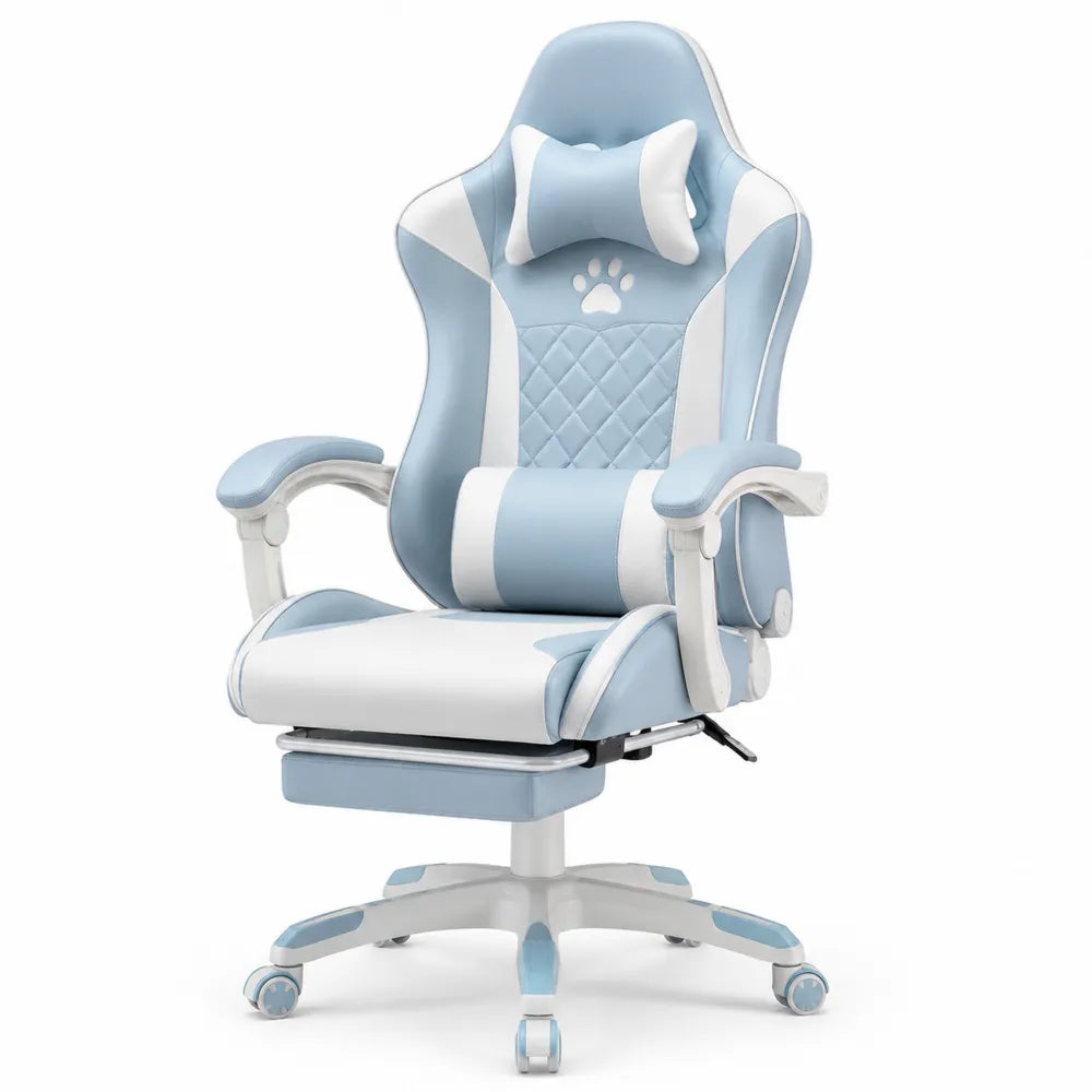 Gaming Chair PU Leather Blue and White with Adjustable Armrests and Footrest