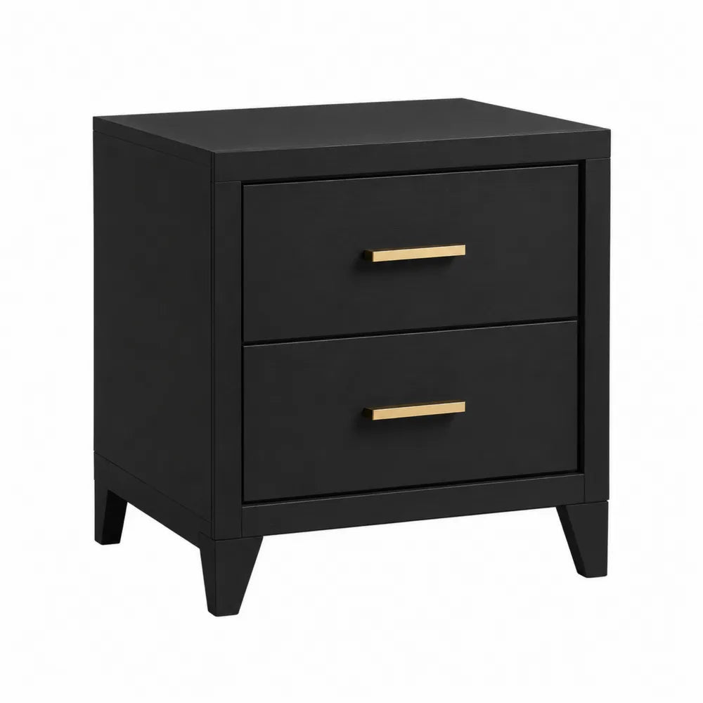 Black MDF Nightstand with Two Brass Handle Drawers