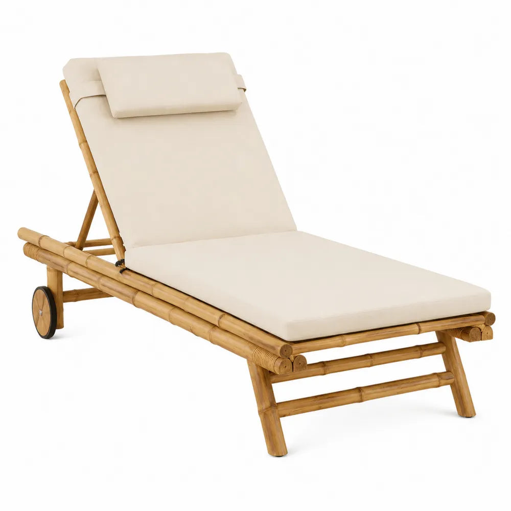 Bamboo Outdoor Sun Lounger with Polyester Cushion, Beige 200x70x30 cm