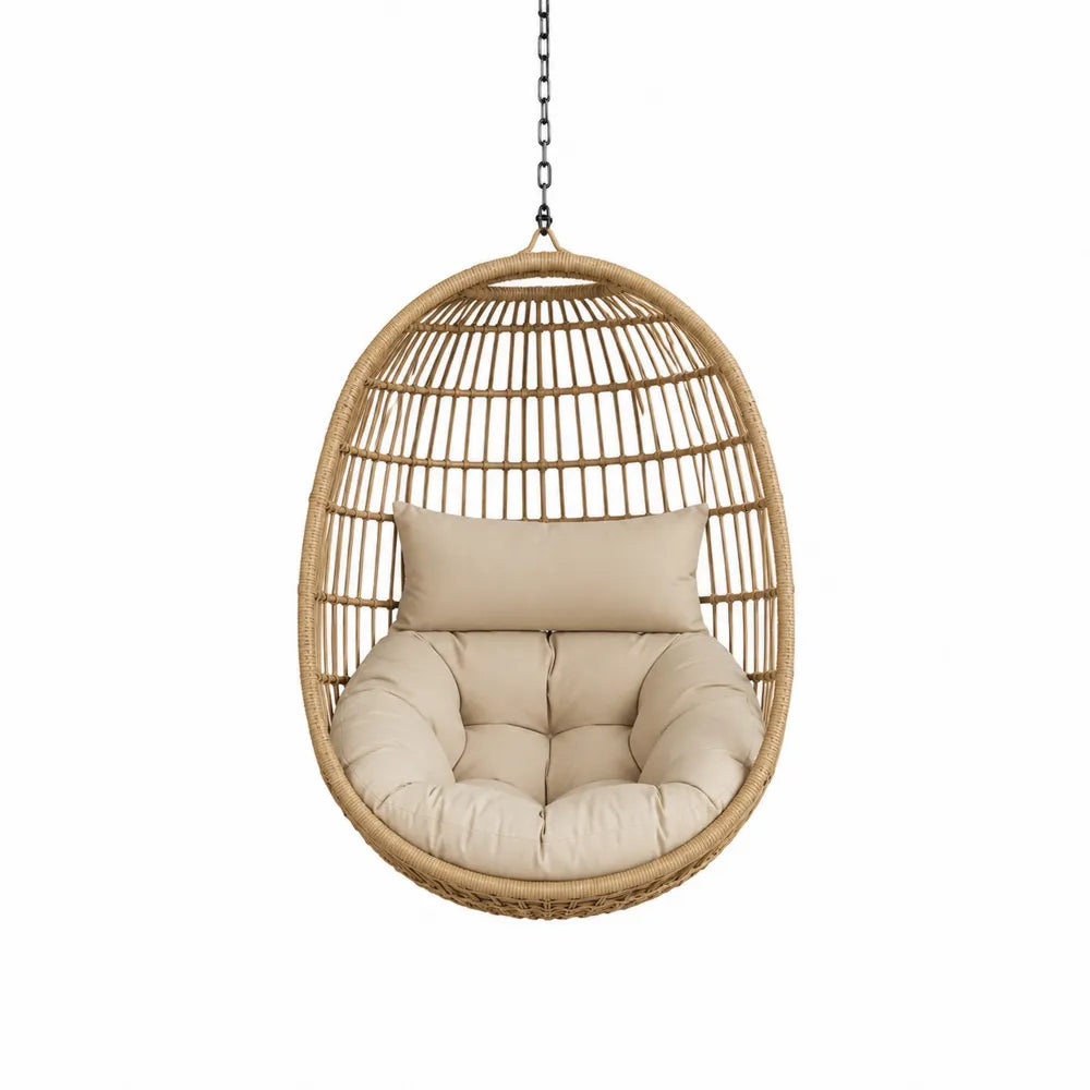 Rattan Hanging Egg Chair with Beige Cushion